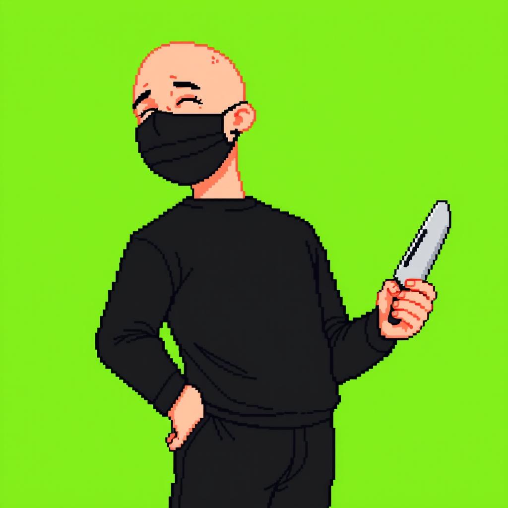 A pixel art style image featuring a bald, fair-skinned man standing tall
