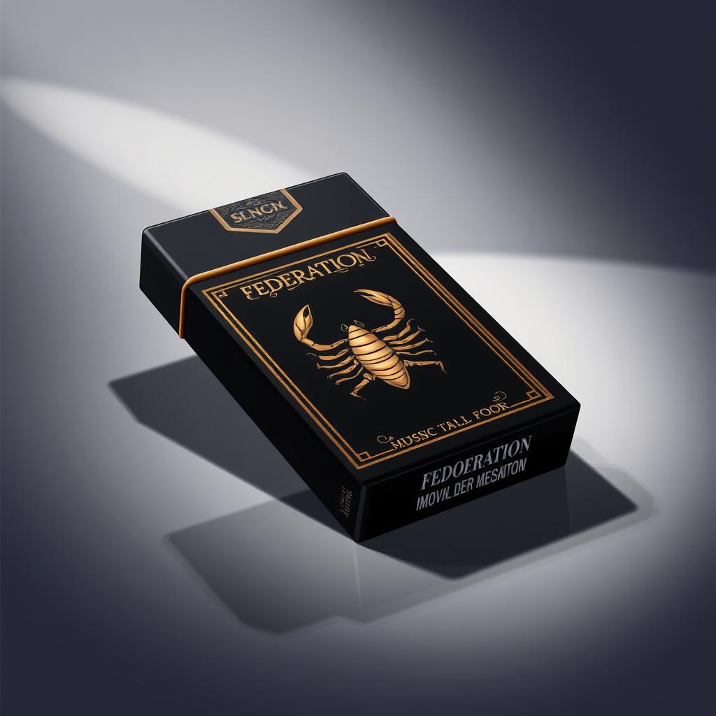A striking illustration of a black cigarette pack adorned with an elegant frame, displaying the word 'FEDERATION' in a beautiful, flowing font