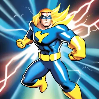 The anionic superhero in the cartoon show saved the day with his lightning speed and electric powers.