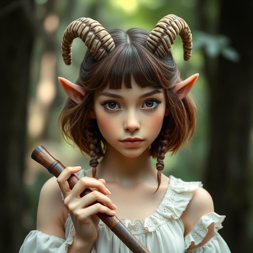 A female satyr with small horns protruding from her head, featuring brown shoulder-length hair adorned with thin braids framing her face