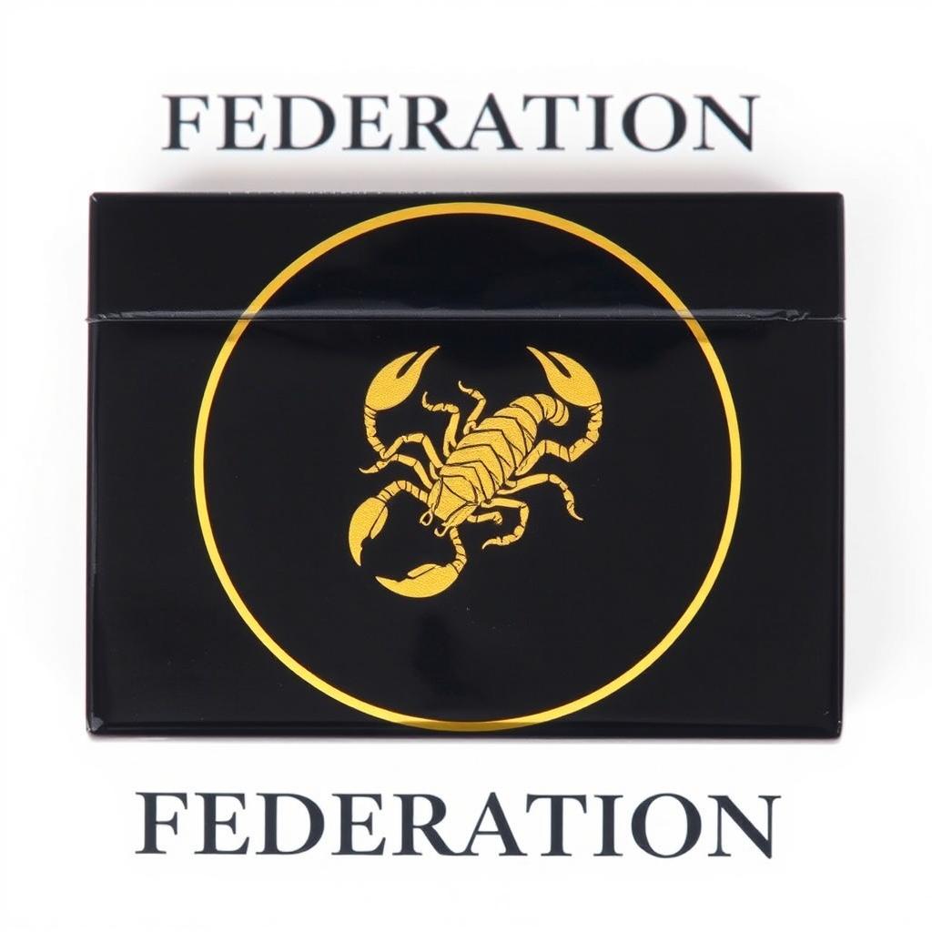 A black pack of cigarettes with an elegant border around it, featuring the word 'FEDERATION' in a beautiful, stylish font