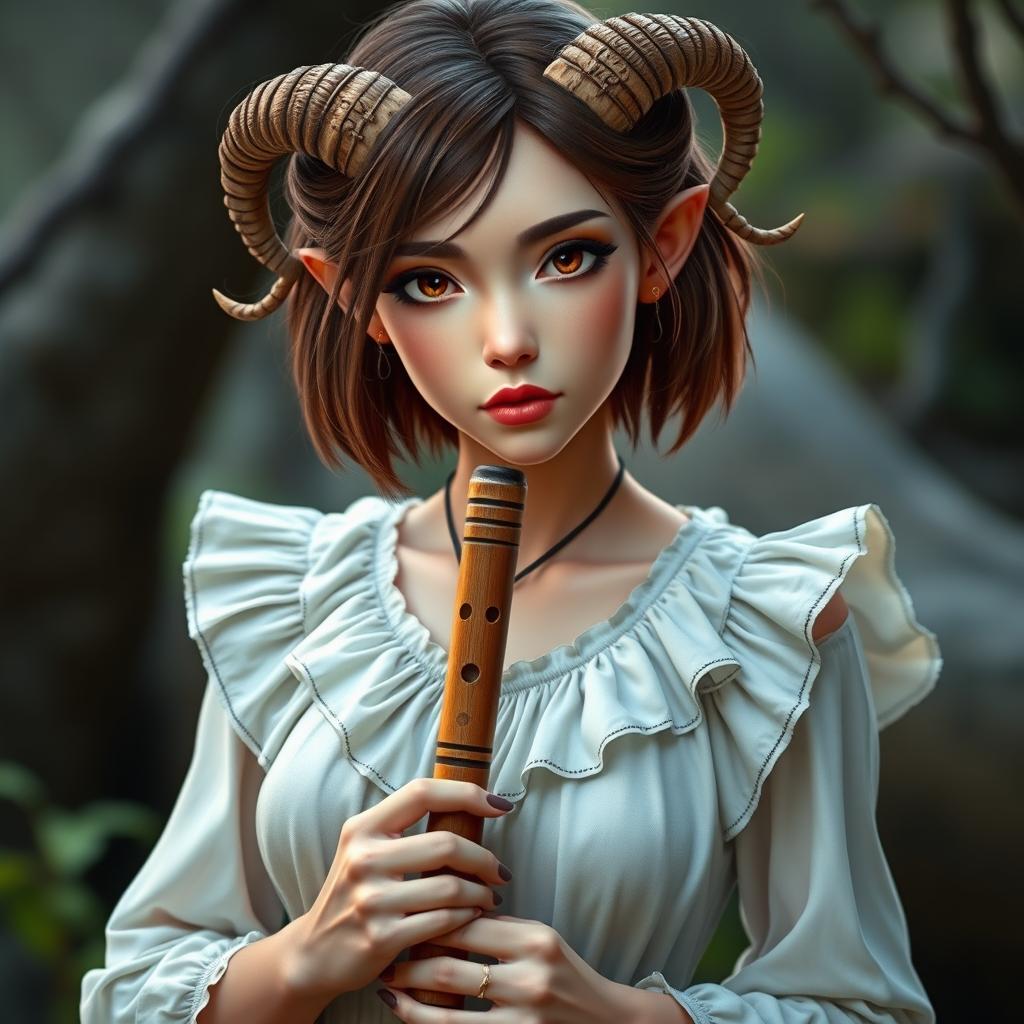 A female satyr with small curved horns and shoulder-length brown hair adorned with thin braids around her face