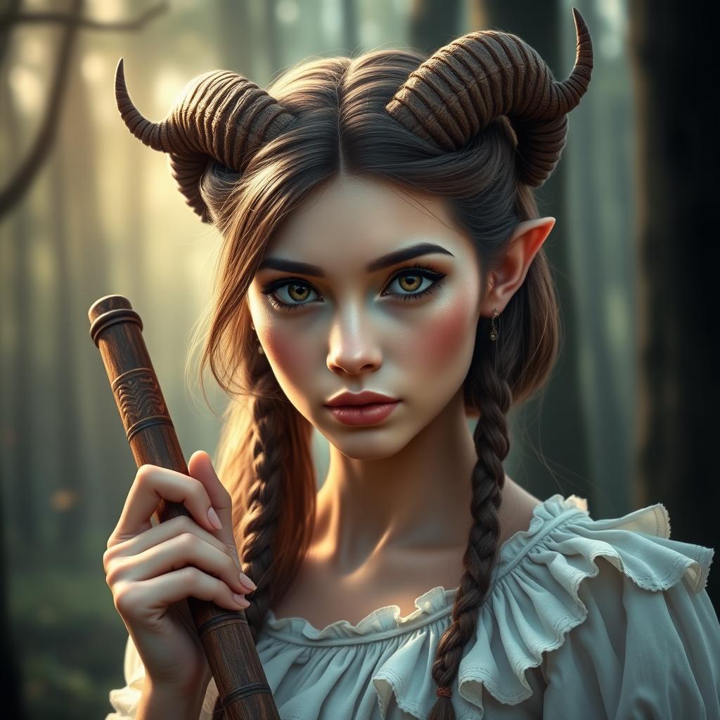 A female satyr with small horns protruding from her forehead, showcasing brown shoulder-length hair accented with thin braids framing her face