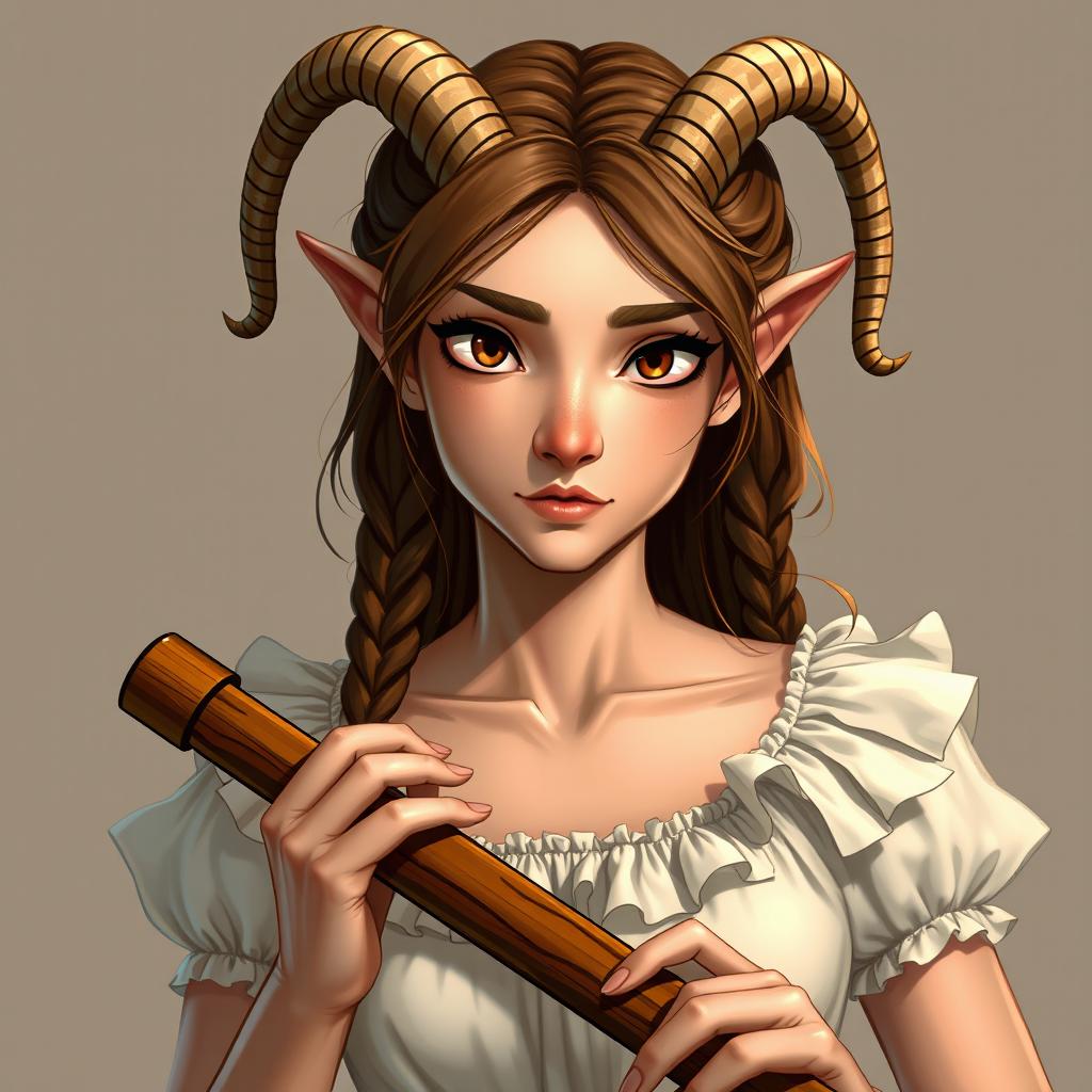 A female satyr character, featuring small horns on her head, with brown shoulder-length hair styled into thin braids framing her face