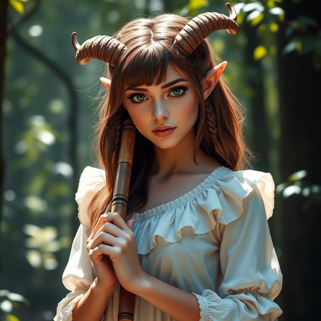 A female satyr standing confidently, showcasing small horns on her head