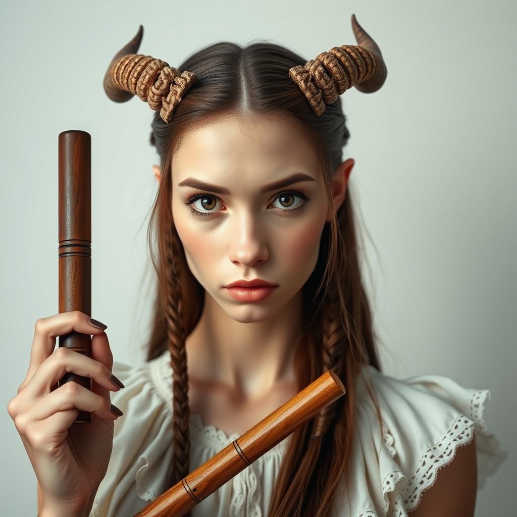 A female satyr with small horns adorned on her head, showcasing her brown shoulder-length hair styled with thin braids framing her face