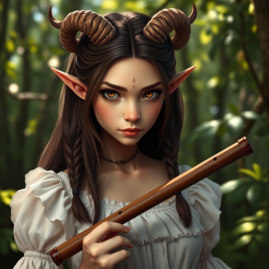 A female satyr with small, delicate horns, featuring brown shoulder-length hair adorned with thin braids framing her face