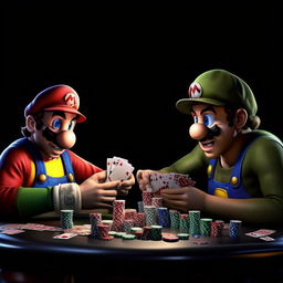 Photorealistic Mario and Luigi from the Super Mario series engaged in a game of poker with a realistic image of the rapper, Eminem.