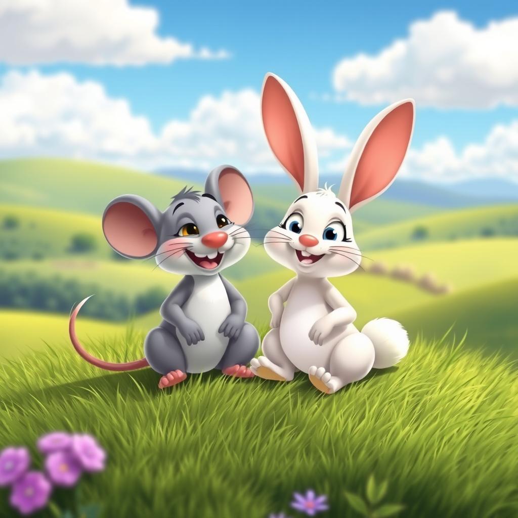 A charming scene featuring a grey cartoon mouse and a white rabbit sitting together on a grassy hill