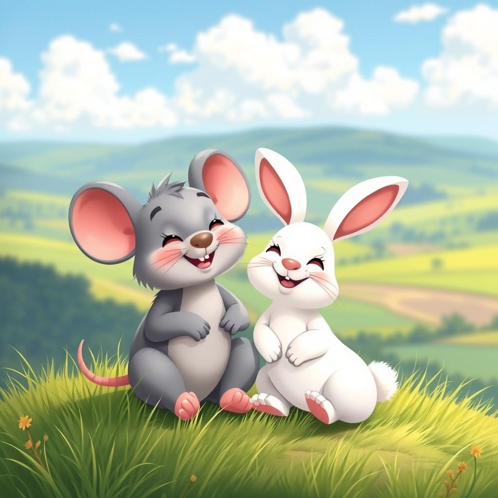 A cute grey cartoon mouse and a white rabbit sitting together on a grassy hill, gazing out at a beautiful landscape