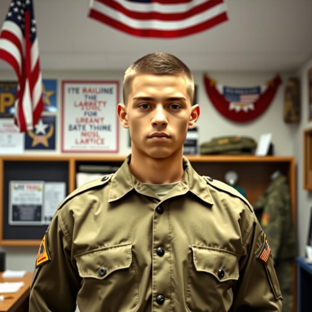 A determined young person in a military uniform, standing tall with pride, in a military recruitment office
