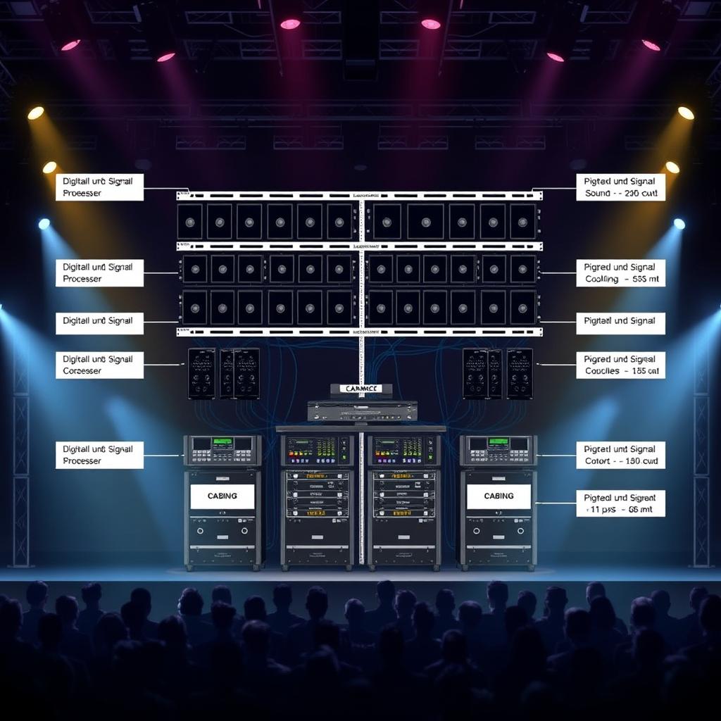 An intricate and detailed diagram of a linear array speaker system, showcasing the various components such as multiple stacked loudspeakers, a digital signal processor, amplifier racks, and cabling