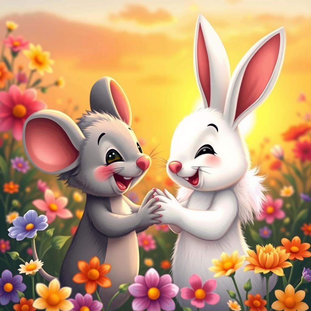 A cute grey cartoon mouse and a fluffy white rabbit holding paws, gazing into each other's eyes with big, joyful smiles