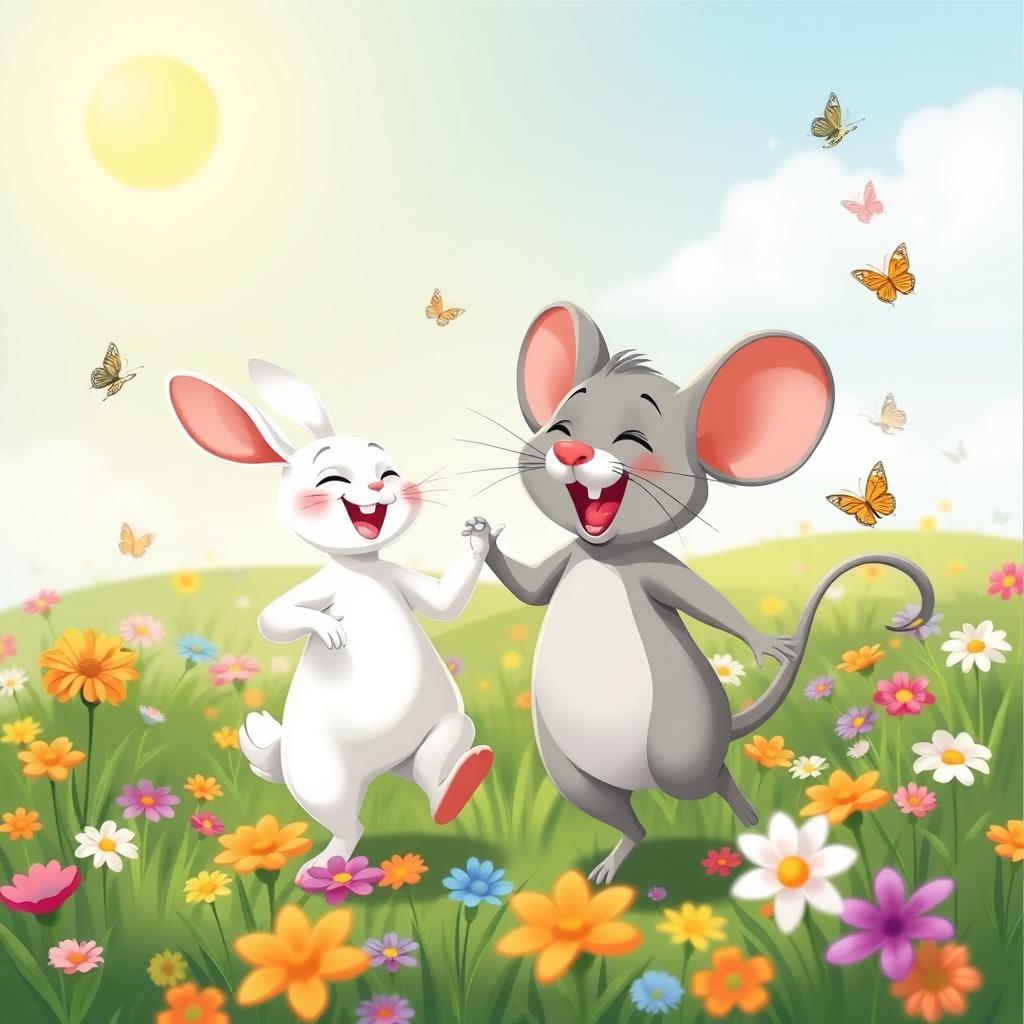 A joyful scene depicting a grey cartoon mouse and a white rabbit happily dancing through a vibrant meadow