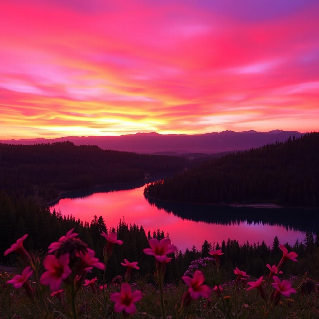 A vibrant and surreal landscape at twilight, where the red sky gradually transitions into deep purple hues, creating a stunning ombre effect