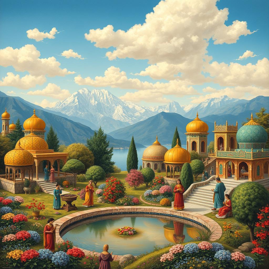 A vibrant and detailed scene inspired by Persian miniature painting, featuring an intricate landscape with lush gardens, ornate architecture, and elegant figures