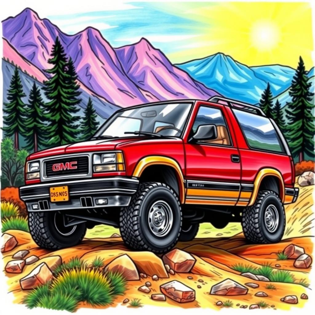 A colorful and artistic drawing of a 2000 GMC Jimmy, depicted in a dynamic pose as if it's driving through a rugged terrain