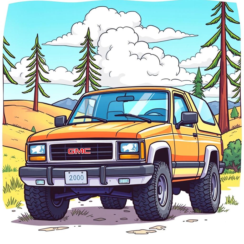 A vibrant and imaginative drawing of a 2000 GMC Jimmy, illustrated with a focus on its robust design and classic features