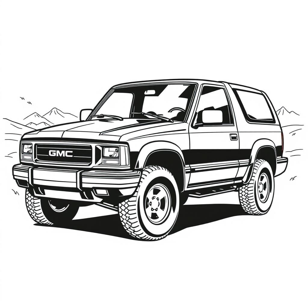A striking black and white drawing of a 2000 GMC Jimmy, showcasing its robust shape and distinctive design features