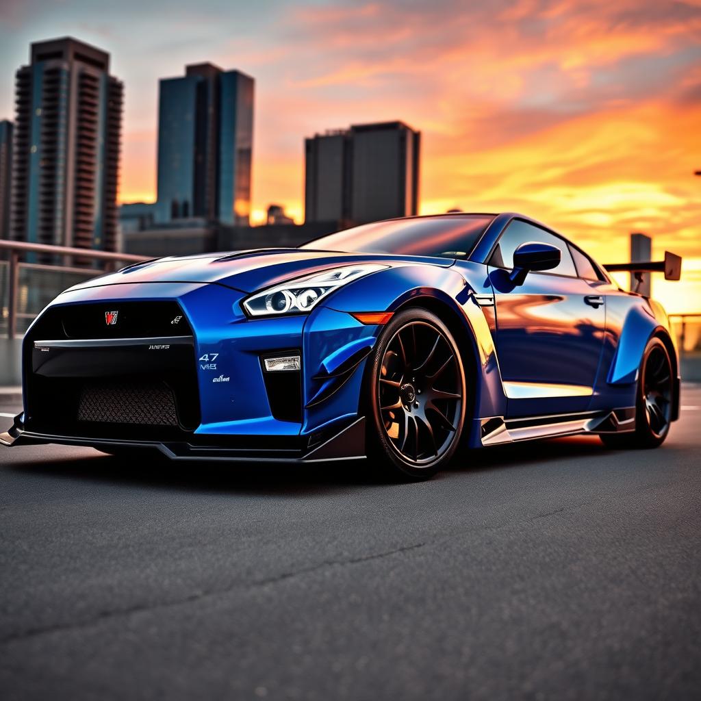 A sleek and aggressive sports car equipped with a dynamic body kit, featuring wide fenders, a prominent front splitter, dramatic side skirts, and a striking rear spoiler