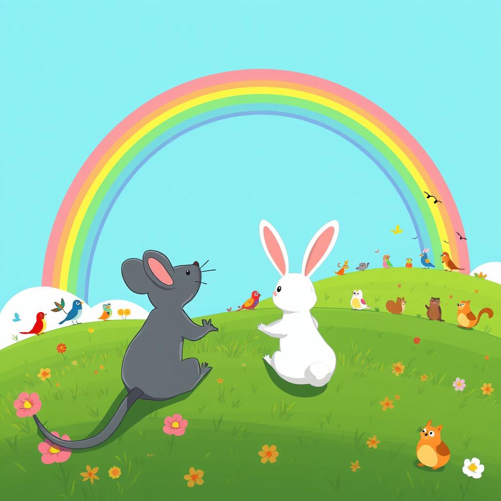 A grey cartoon mouse and a white rabbit sitting on a verdant hill, gazing at a magnificent rainbow arching across a bright blue sky