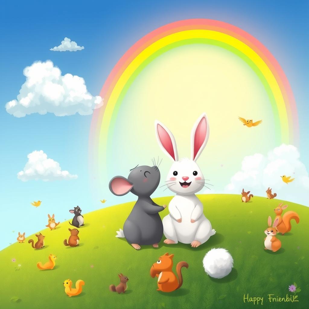 A whimsical scene featuring a grey cartoon mouse and a white rabbit sitting side by side on a gently sloping green hill