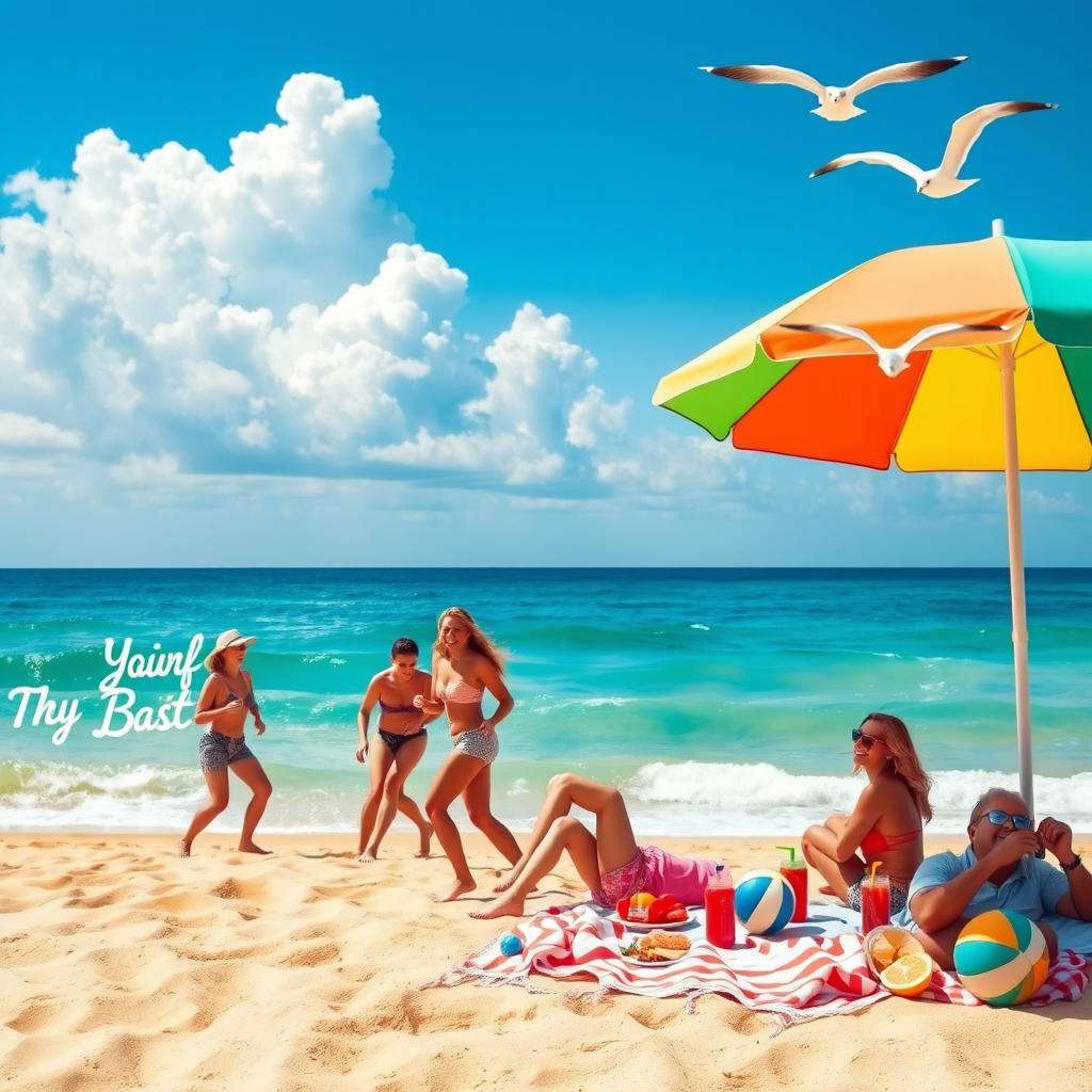 A vibrant summer beach scene with golden sand and turquoise waves gently rolling in