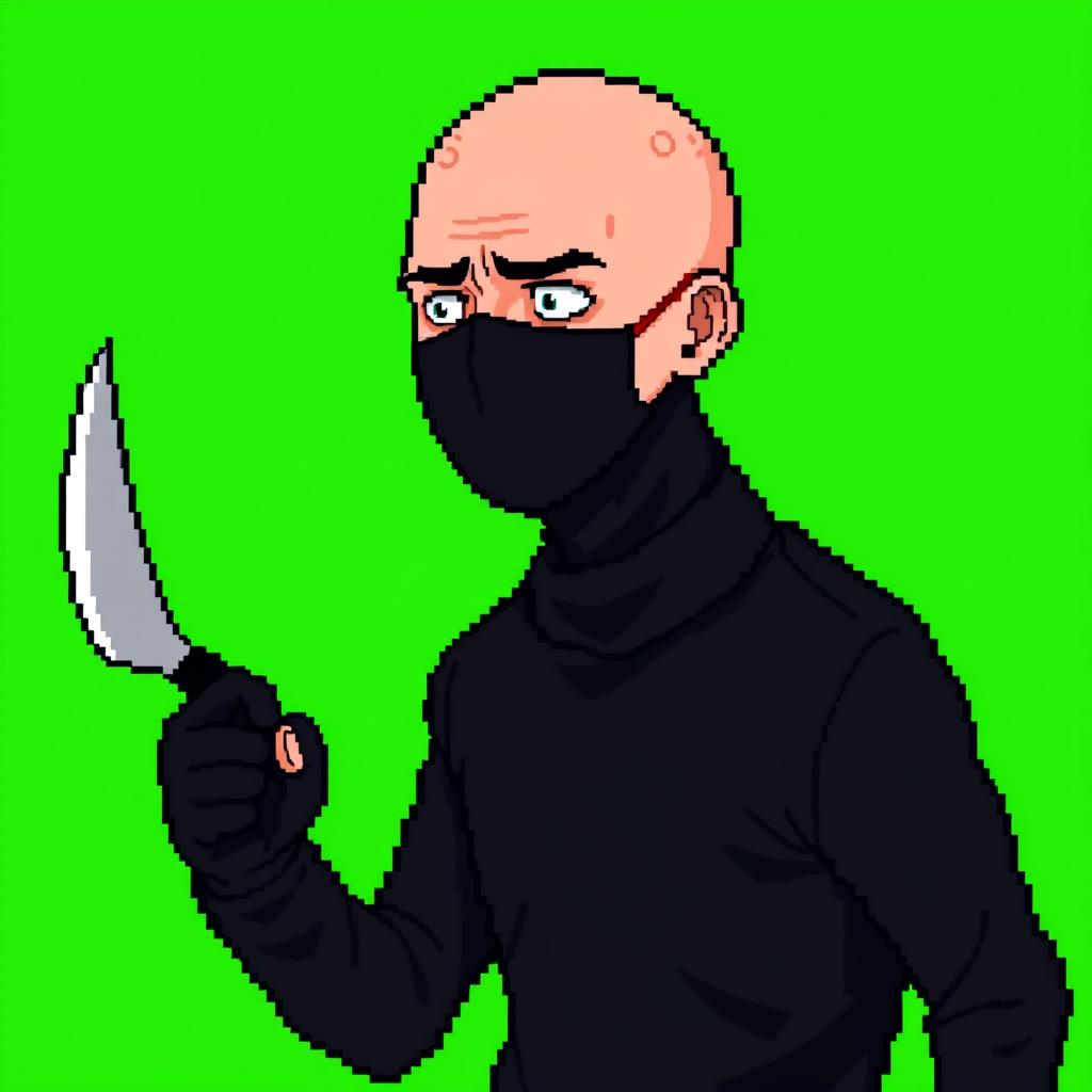 A pixel art style image featuring a bald man with fair skin, dressed entirely in black clothing and wearing a completely black medical mask