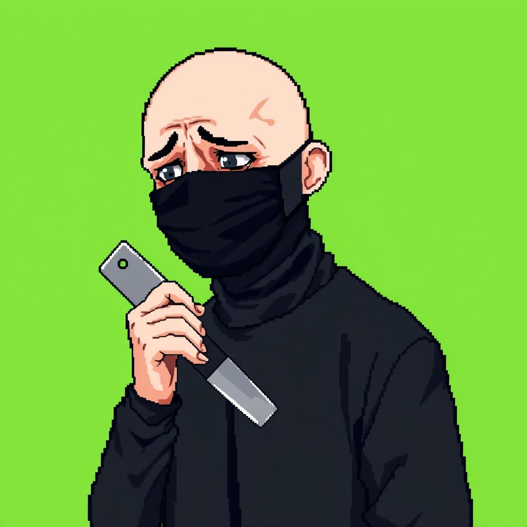 A pixel art style image featuring a pale, bald man dressed entirely in black clothing and wearing a completely black medical mask on his face