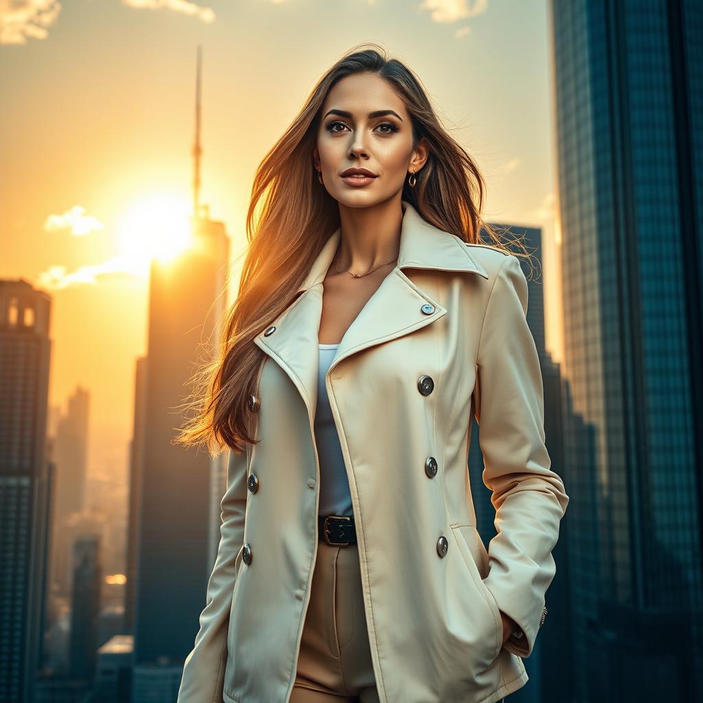 A towering woman, 156 meters tall, wearing a stylish cream-colored jacket