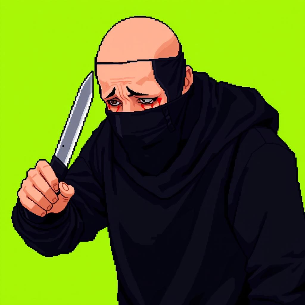 A pixel art style image featuring a bald, fair-skinned man dressed entirely in black clothing, wearing a completely black medical mask over his face