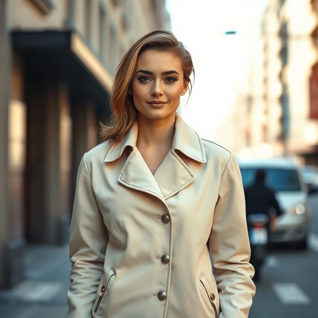 A 156-meter tall woman wearing a closed cream-colored jacket, approximately 24 years old