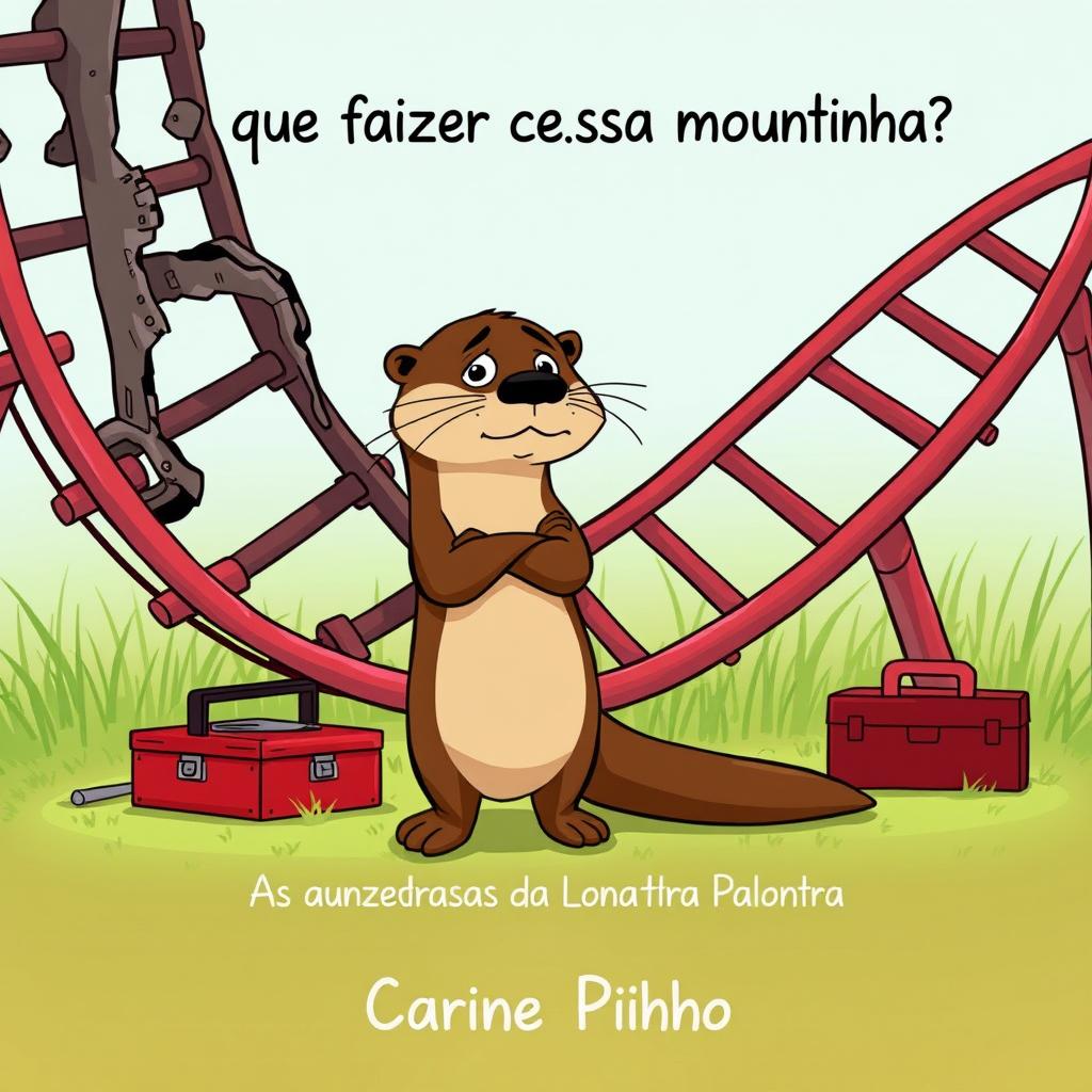 A thoughtful otter, standing with crossed arms, looking sad while leaning against a broken roller coaster