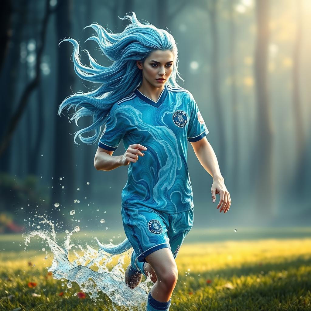 A vibrant water spirit wearing a unique soccer jersey that shimmers like the surface of a lake