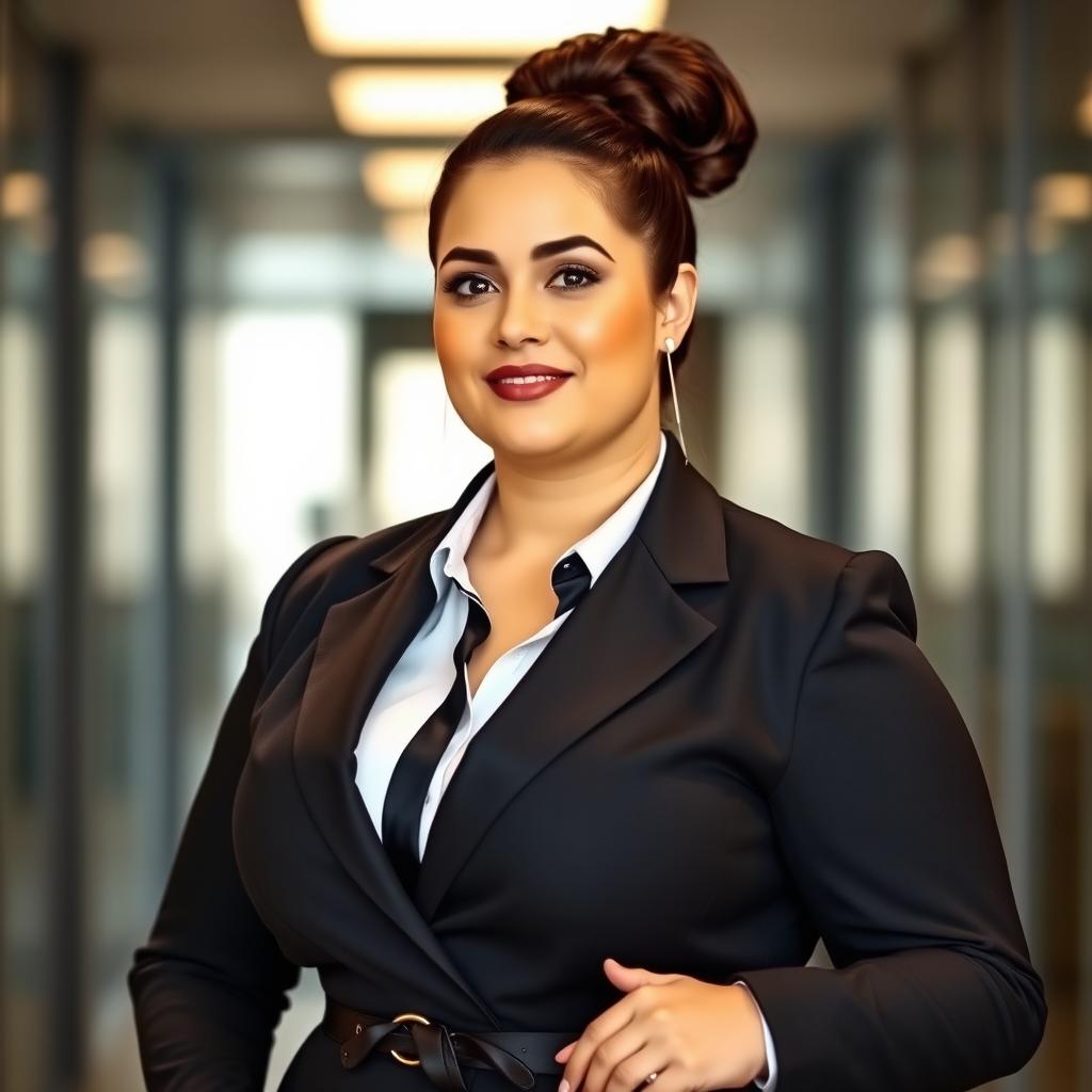 A semi-fat woman wearing stylish corporate attire, with her hair neatly put up in an elegant bun or ponytail