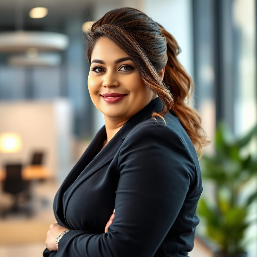 A semi-fat woman wearing sleek corporate attire, with her hair elegantly put up, facing directly towards the viewer