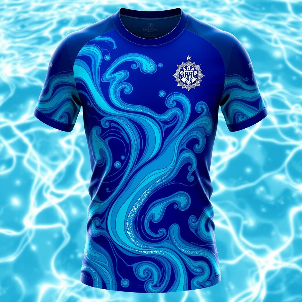 A vividly designed soccer jersey inspired by the essence of a water spirit, featuring flowing blue and aqua patterns that resemble water currents