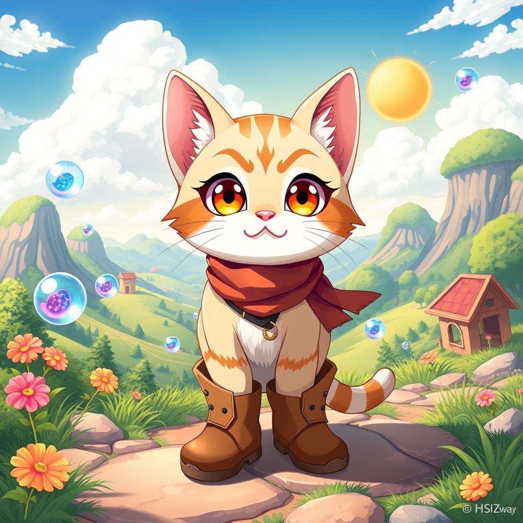 A cute, anthropomorphic cat wearing stylish boots, set in a vibrant anime world with colorful landscapes and whimsical elements