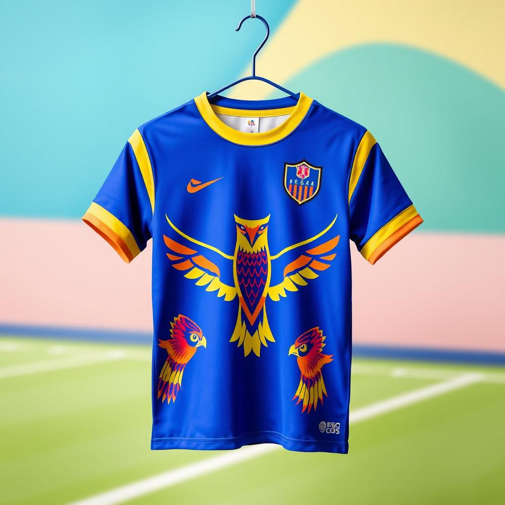 A vibrant and eye-catching soccer jersey designed for 8-year-olds, featuring a falcon motif