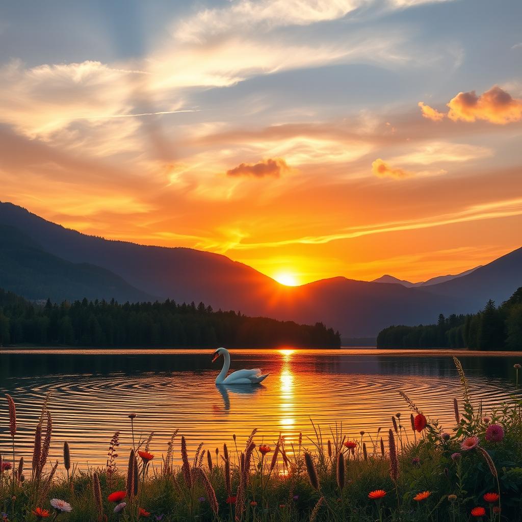 A serene landscape featuring a beautiful sunset over a tranquil lake, surrounded by lush green forests and majestic mountains in the distance
