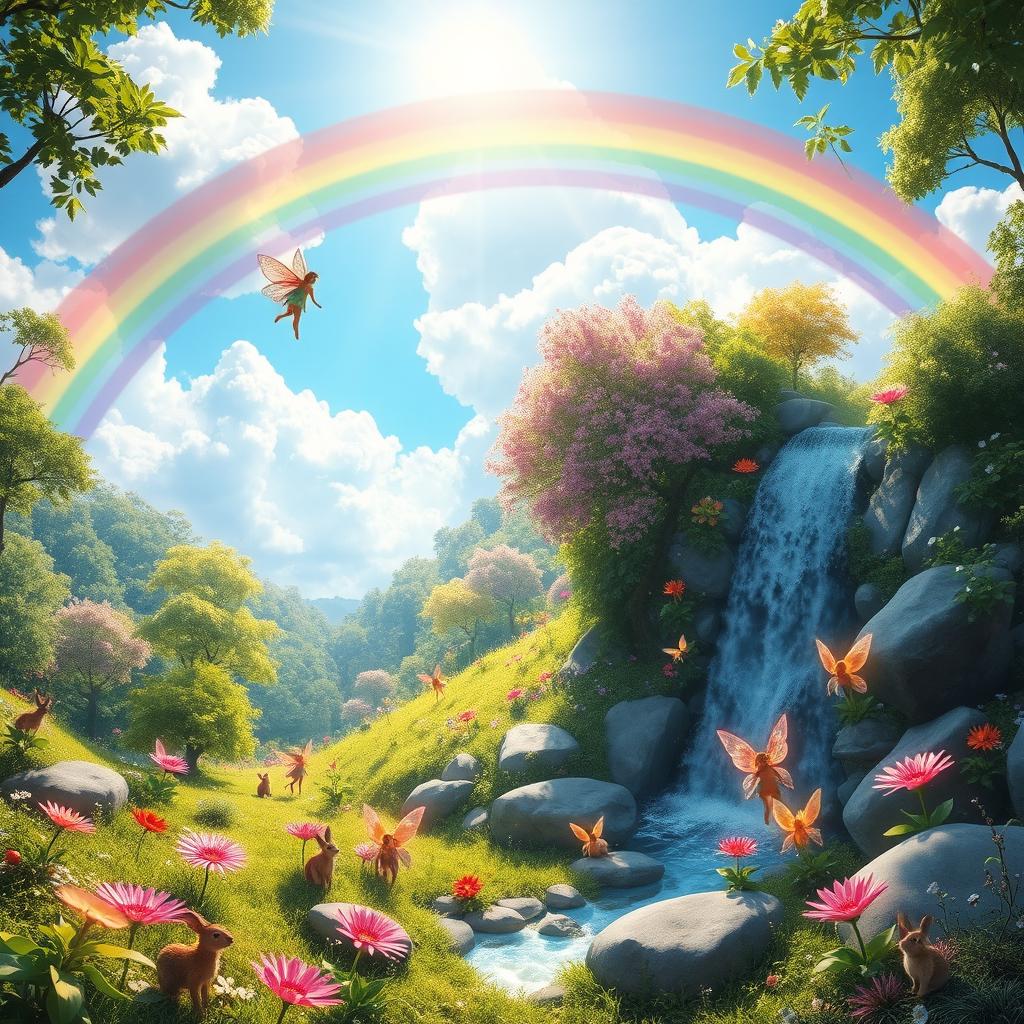 A whimsical fantasy landscape featuring a vibrant forest with glowing flowers and playful fairies
