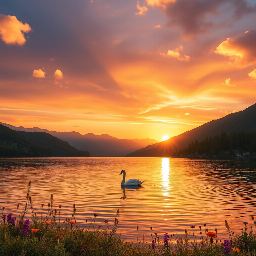 A serene landscape featuring a beautiful sunset over a tranquil lake, surrounded by lush green forests and majestic mountains in the distance