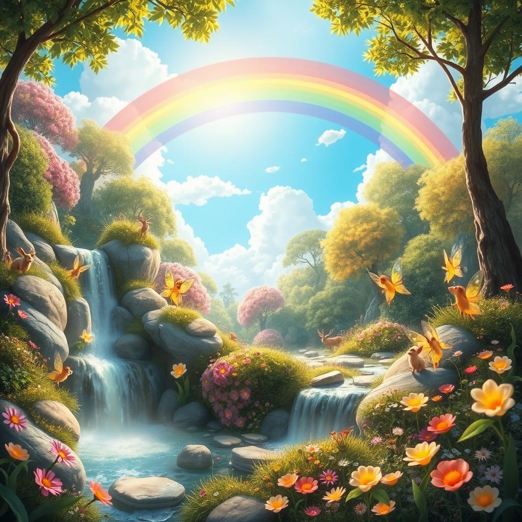 A whimsical fantasy landscape featuring a vibrant forest with glowing flowers and playful fairies