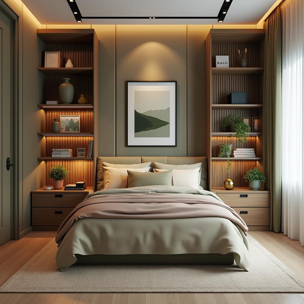 A chic, stylish bedroom measuring 3x4 meters with a 2x1 meter bed positioned elegantly in the center