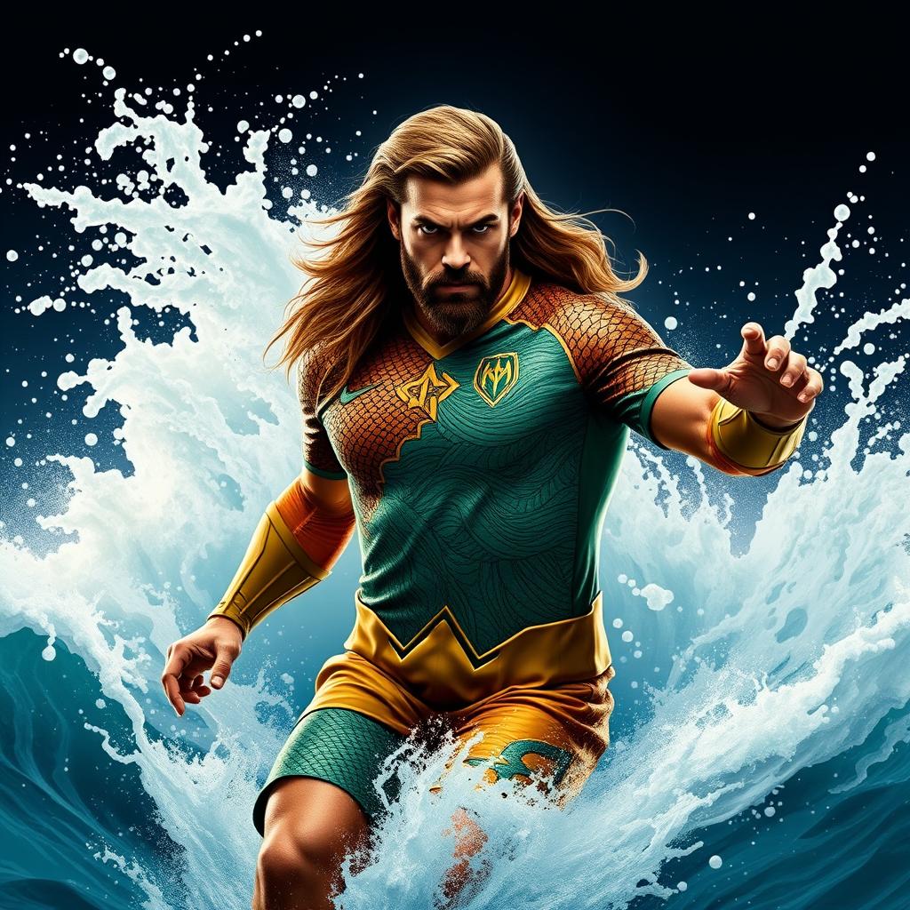 A dynamic and heroic design featuring Aquaman emerging from powerful ocean waves