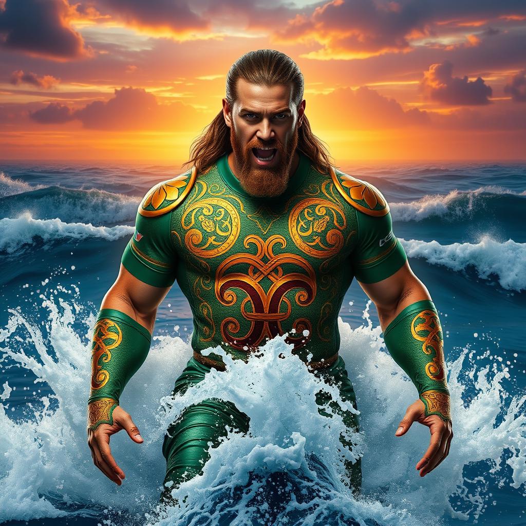 A striking image of a rugged, muscular superhero resembling Aquaman emerging from the ocean waves, water splashing around him dynamically