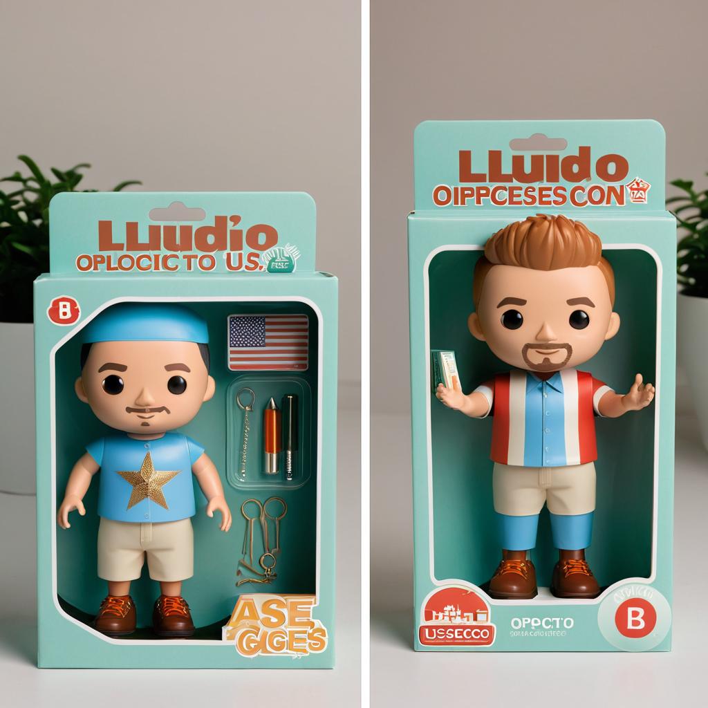 Usando estas dos imágenes genera una nueva con las siguientes condiciones: Base del blíster (Opción B):

Usa el diseño exacto del empaque de la Opción B (forma, colores, texto "ACCESSORIES B", etiqueta "AGES 3+", etc.).

Muñeco y accesorios (Opción A):

Extrae el muñeco y sus accesorios de la Opción A y colócalos en la misma posición que ocupaba el muñeco de la Opción B dentro del blíster.

Asegúrate de que el tamaño y la orientación coincidan con el original.Logo "LUIS":

Mantén la tipografía original, pero cambia el color a rojo (#FF0000).

Añade un contorno negro grueso (3-5 píxeles).

Posición exacta como en la Opción B (sin mover el texto "@colorenfermero").

Exportación:

Guarda en alta resolución (300 DPI) si es para impresión.