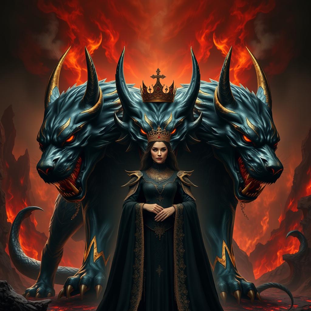 A magnificent depiction of Cerberus, the three-headed dog, portrayed as a fierce protector of the Queen of Hell