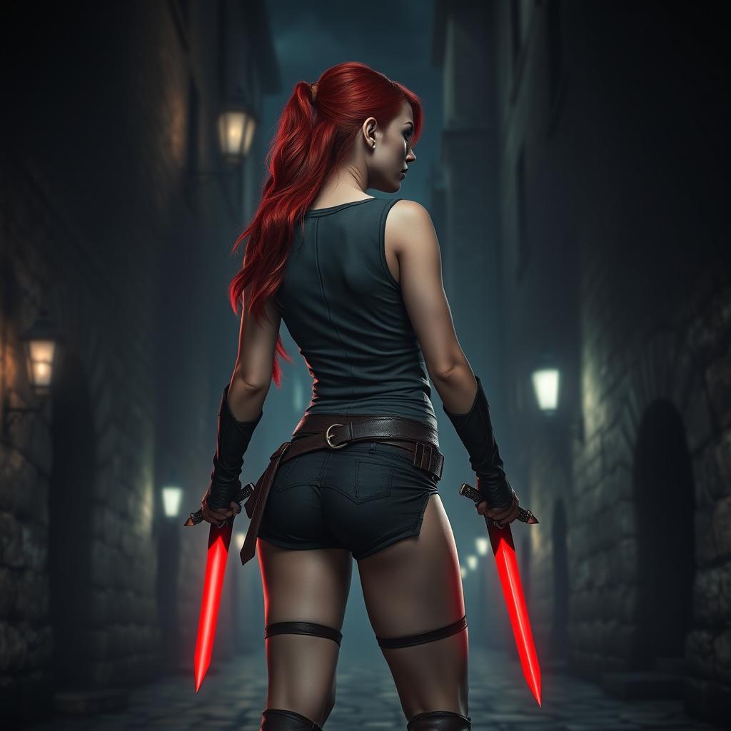 A striking red-haired woman stands confidently in a dark, medieval alley at night, holding two gleaming red daggers