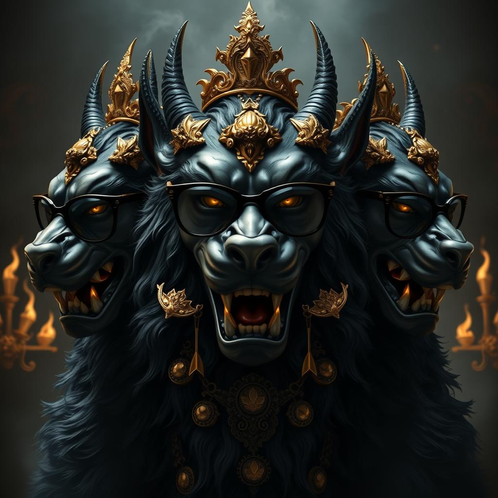 A majestic black and gold Cerberus, the three-headed guardian of the Queen of Hell, adorned with intricate accessories and regal details